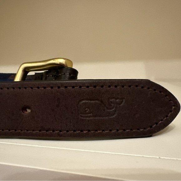 Vineyard Vines Men’s Belt S 32 Boat Blue Canvas Print Brown Leather Brass Buckle - Picture 4 of 10